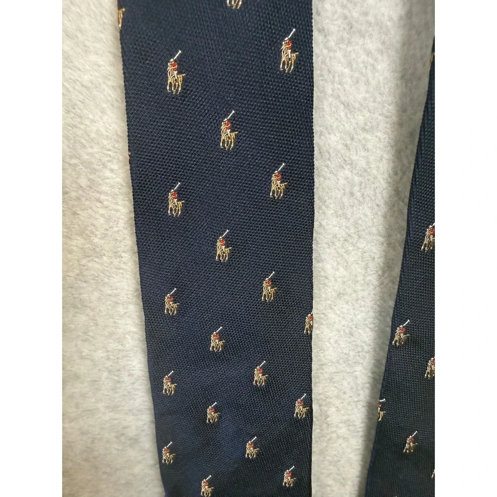 Polo Ralph Lauren Mens Silk Tie Navy Blue Gold Red All Over Pony Logo Necktie